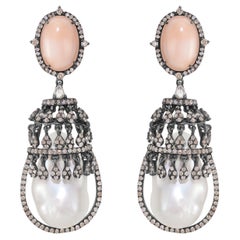 Victorian 12 Cttw. Peach Coral and Diamond and Pearl Drop Earrings 