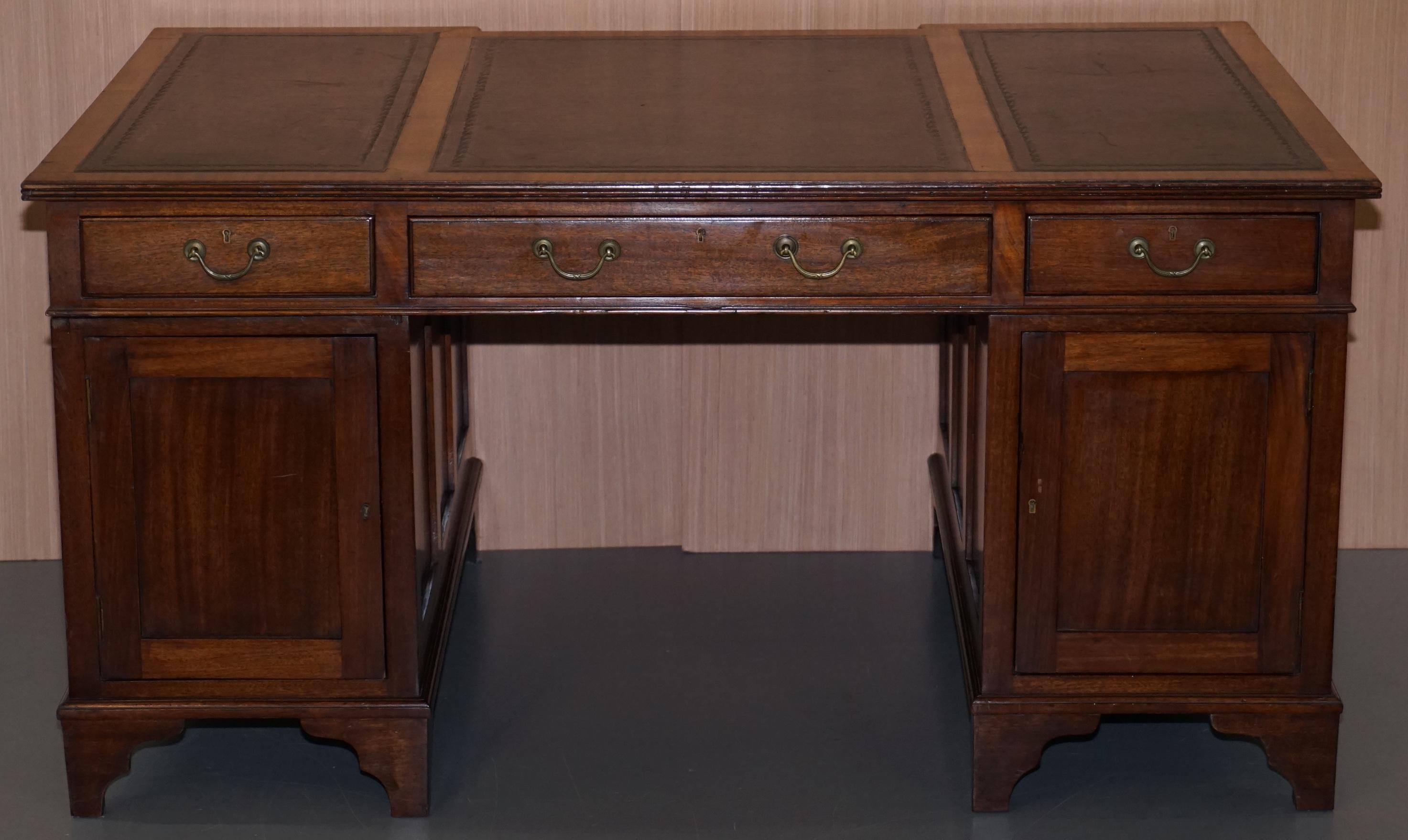 Victorian 12-Drawer 2 Cupboard Double Sided Twin Pedestal Partner Desk Leather 10