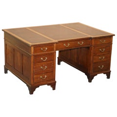 Victorian 12-Drawer 2 Cupboard Double Sided Twin Pedestal Partner Desk Leather