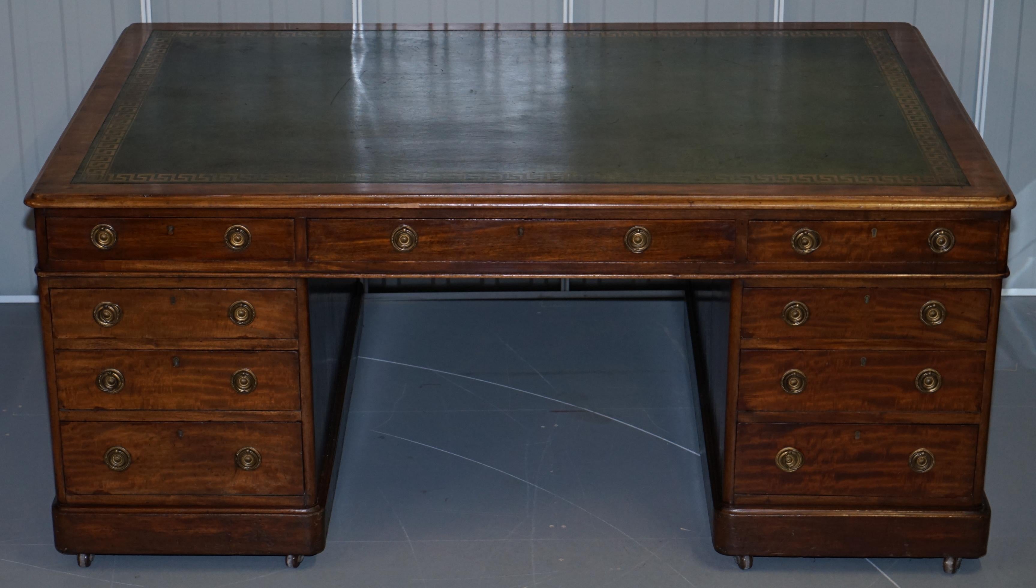 Wimbledon-Furniture

Wimbledon-Furniture is delighted to offer for sale this very rare original 12 drawer 2 cupboard Victorian mahogany luxury premium twin pedestal partner desk with green gold leaf embossed leather top

Please note the delivery