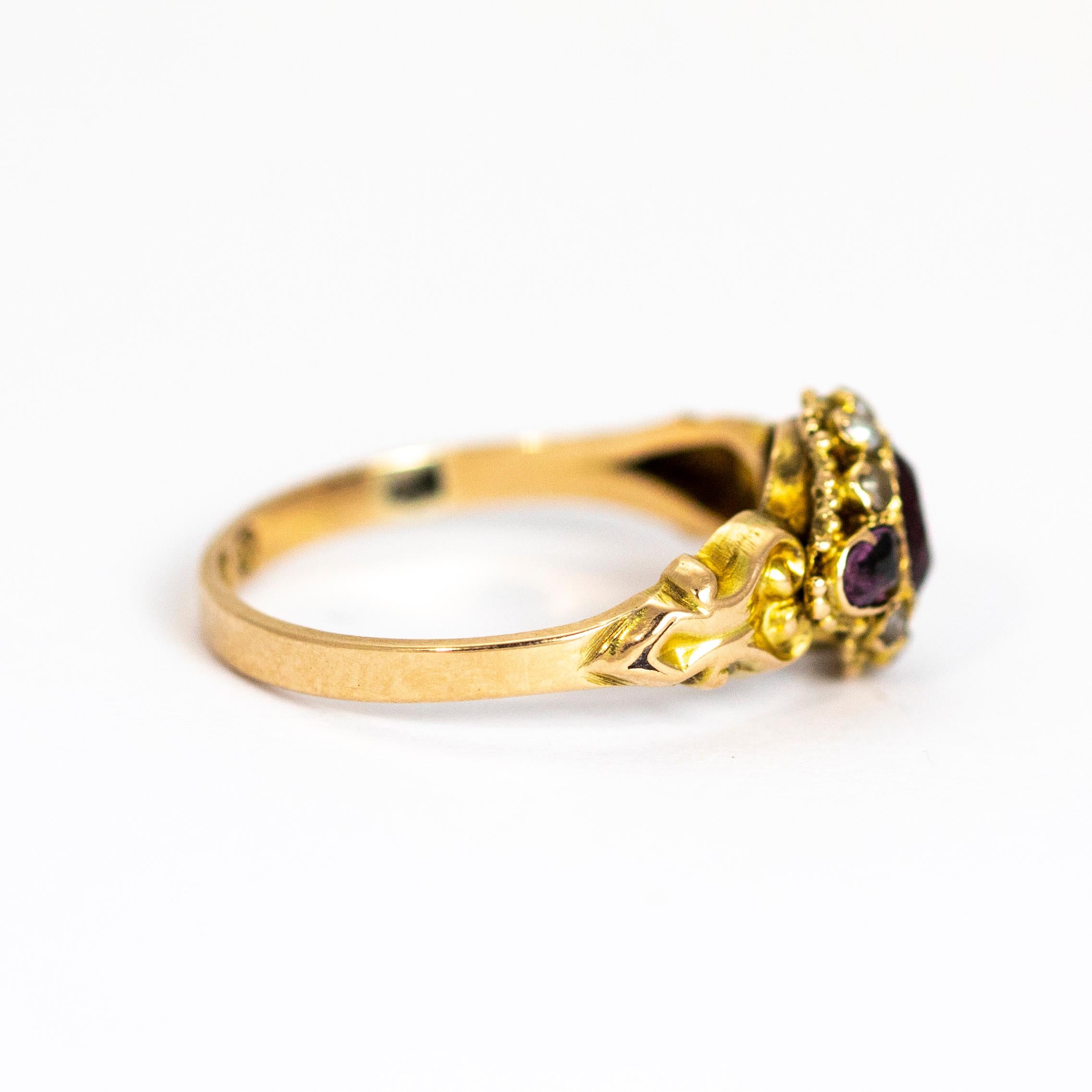 High Victorian Victorian 12 Karat Gold Amethyst and Pearl Cluster Ring
