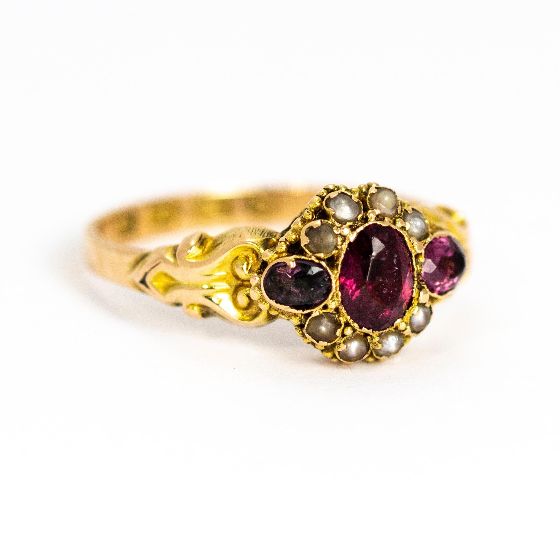 Oval Cut Victorian 12 Karat Gold Amethyst and Pearl Cluster Ring