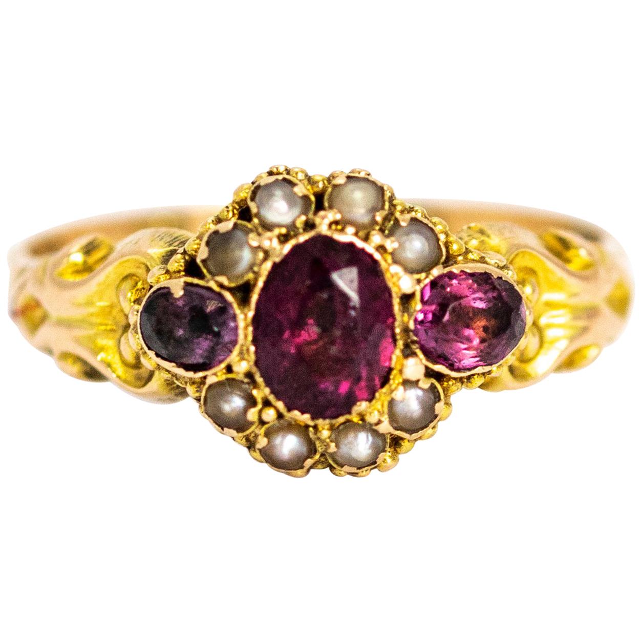 Victorian 12 Karat Gold Amethyst and Pearl Cluster Ring