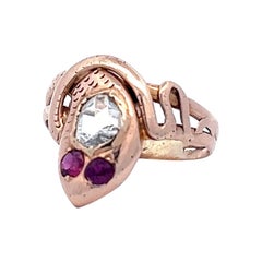 Victorian 12 Karat Gold Rose Cut Diamond and Ruby Snake Ring