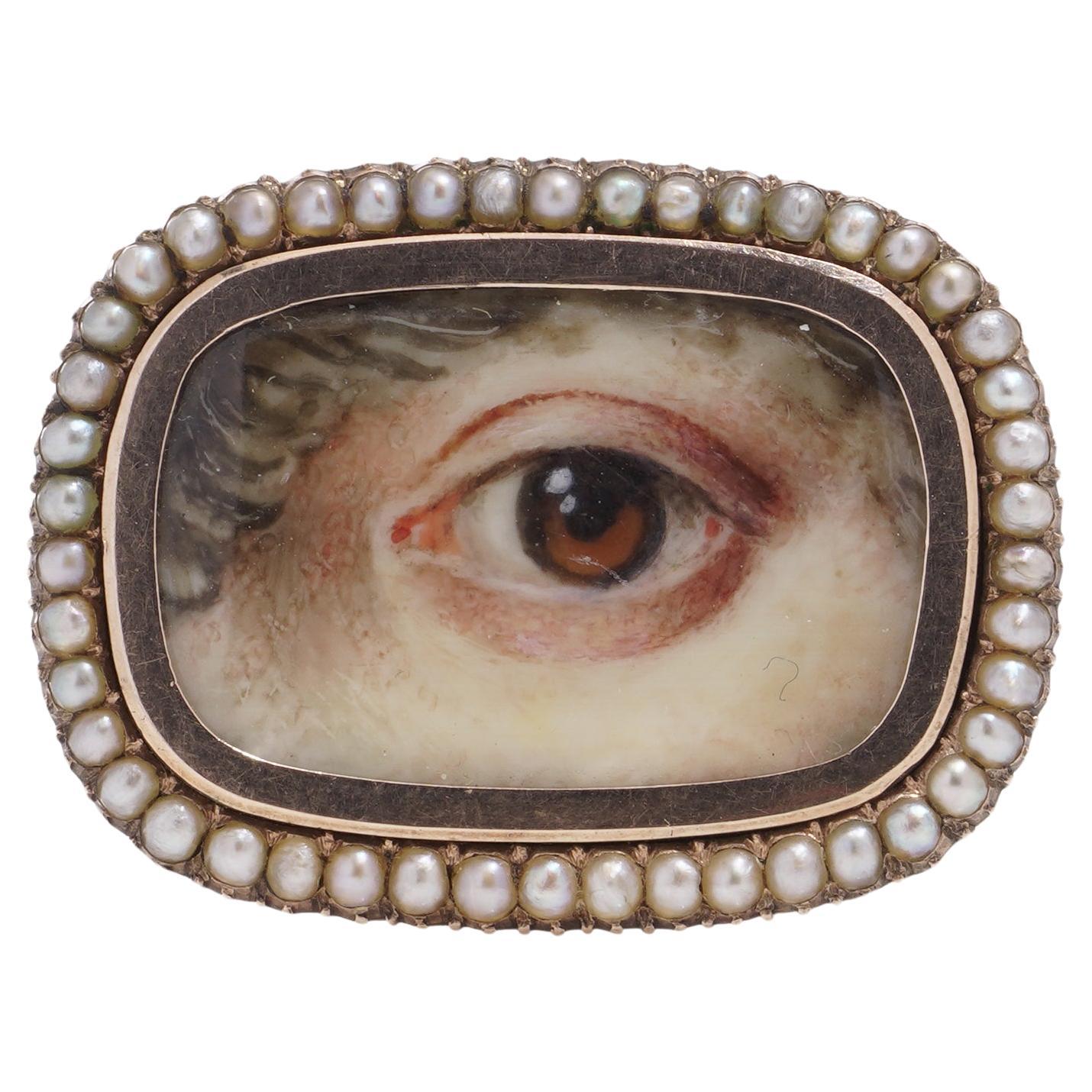 Victorian 12 kt rose gold finely painted miniature brooch '' Lover's Eye '' 