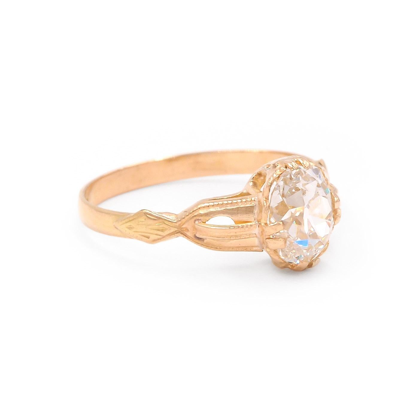 A unique & delicate original Victorian era 1.20 Carat Old Mine Cut Diamond Solitaire Ring composed of 18k yellow gold. The diamond is GIA certified H color & VS2 clarity. With open shoulder details. Circa 1900. 
Ring size 5.75 (Sizable)

Upon