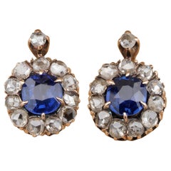 Antique Victorian 1.20 Carat Natural Unheated Sapphire .88 Ct Rose Cut Diamond Earrings