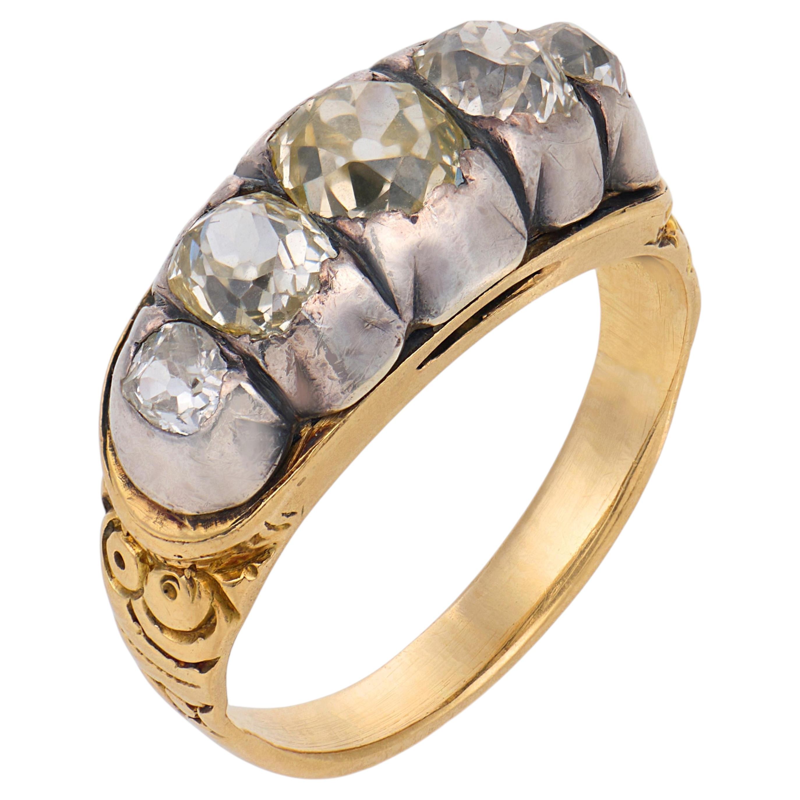 Fascia vittoriana di 1,20 carati con diamante old mine cut in oro giallo 18 carati e cinque pietre in argento