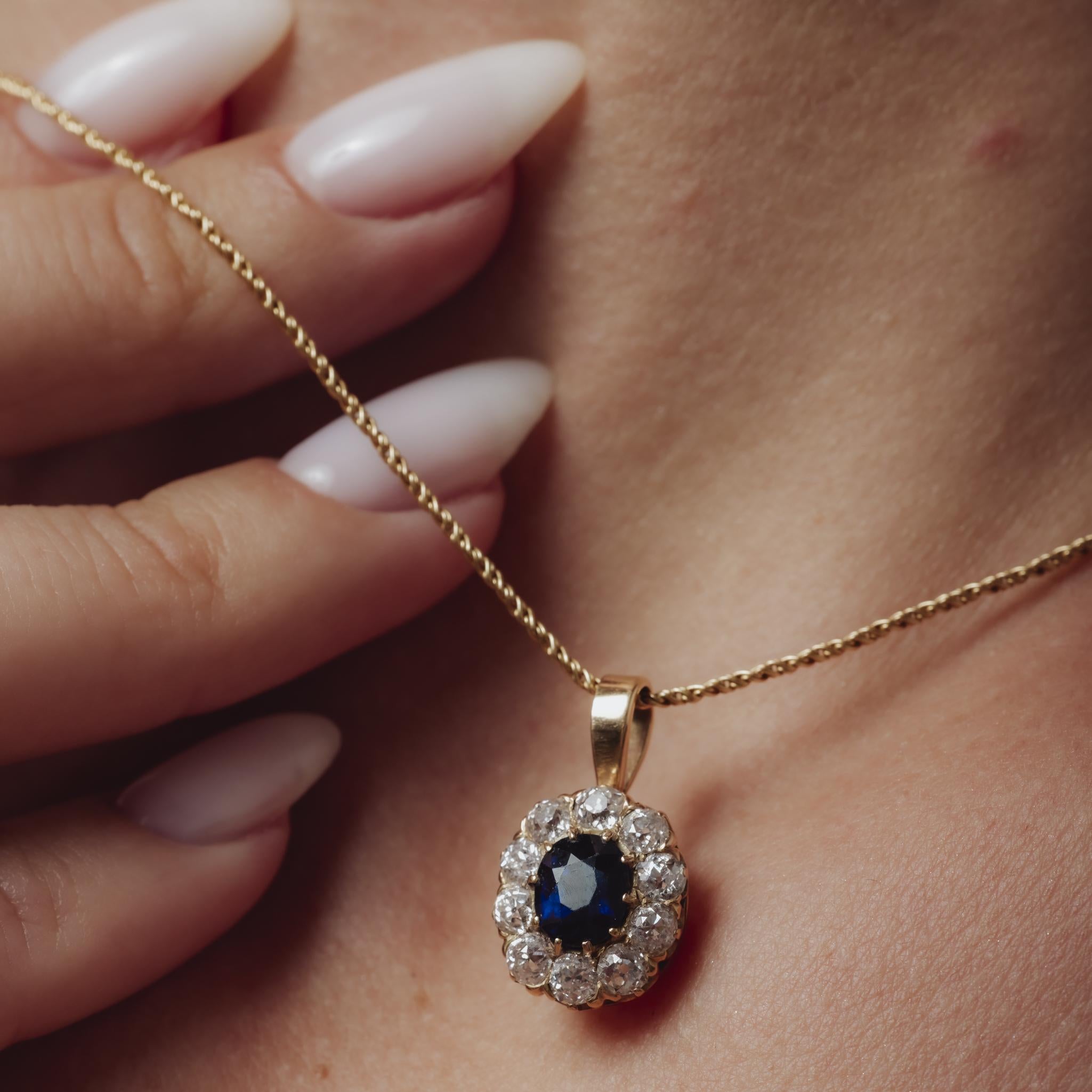 Collier Victorien 1.20 carat saphir diamant or jaune 14k Bon état - En vente à Beverly Hills, CA