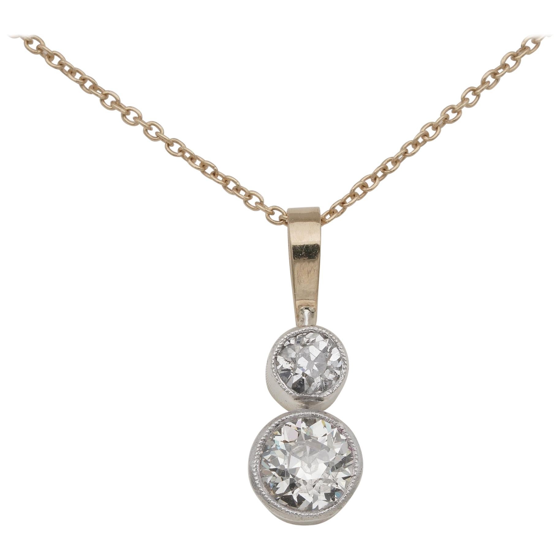 Victorian 1.20 Carat Twin Old Mine Cut Diamond Drop Necklace For Sale