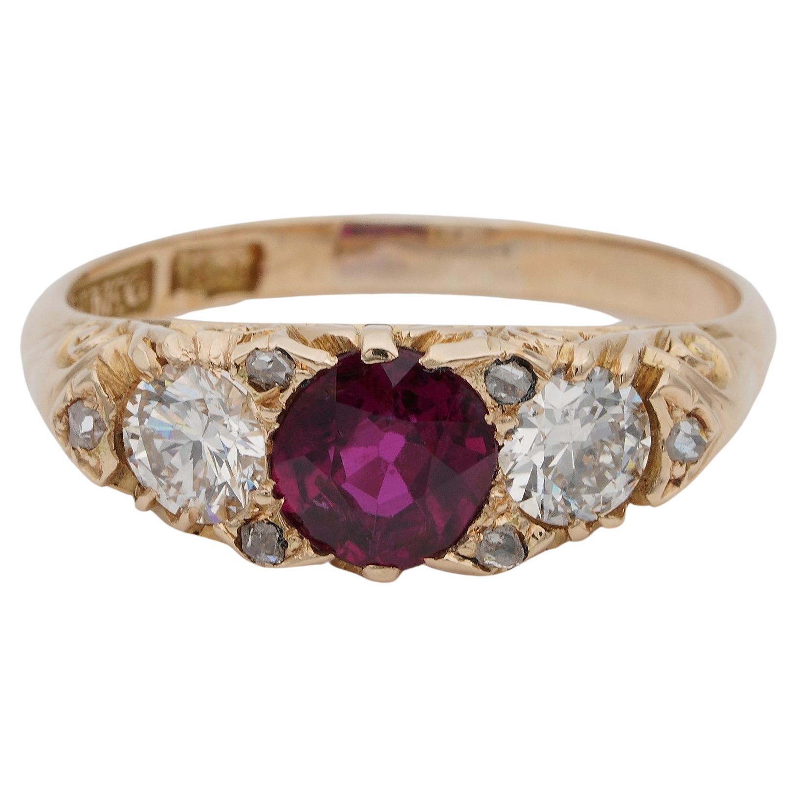 Victorian .98 Ct Ruby Diamond 18 Kt Trilogy Ring