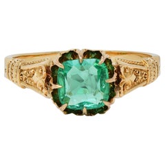 Victorian 1.20 CTW Cushion Cut Emerald 18 Karat Yellow Gold Antique Belcher Ring