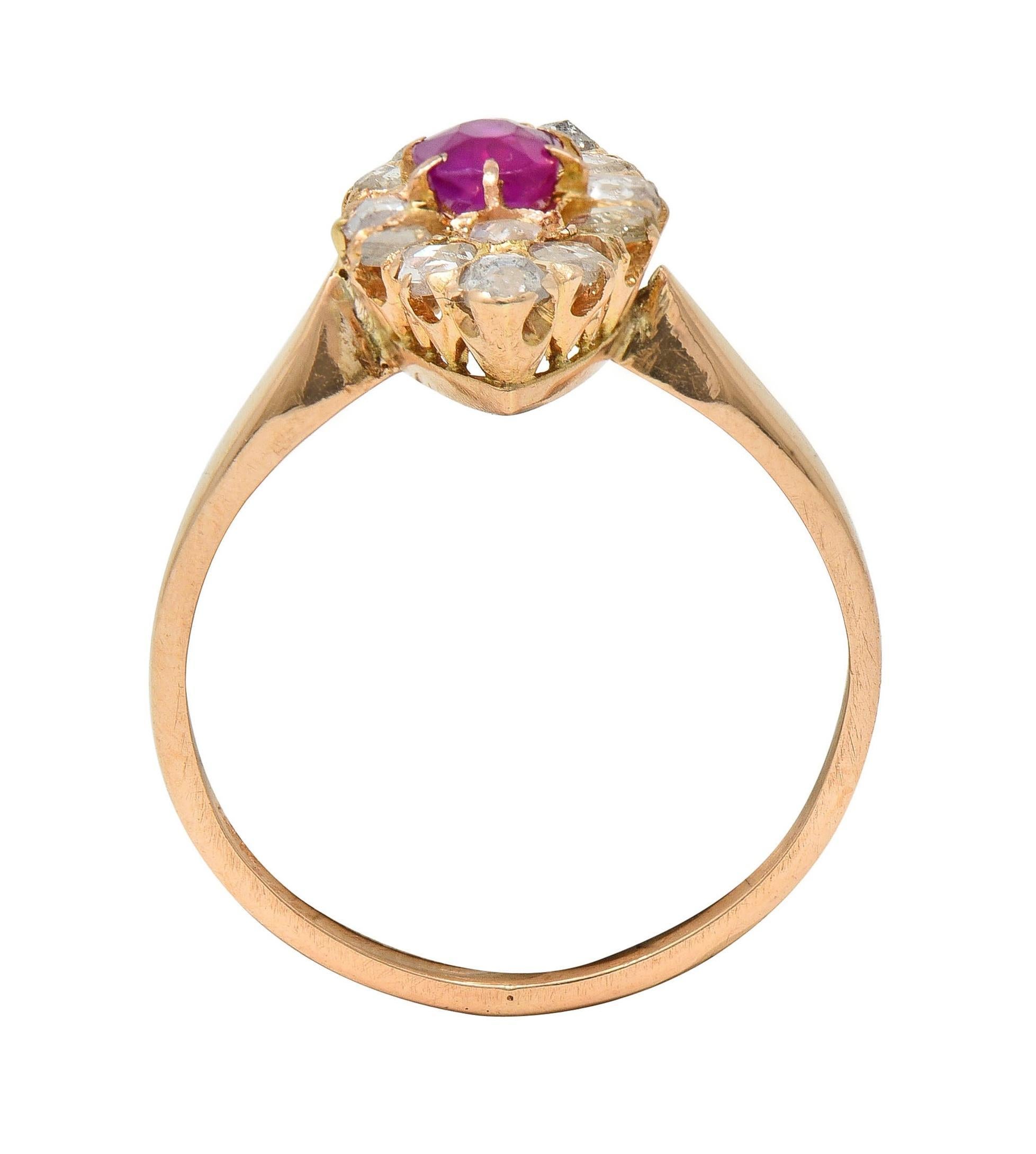 Victorian 1.20 CTW Ruby Diamond 18K Yellow Gold Antique Navette Cluster Ring 5