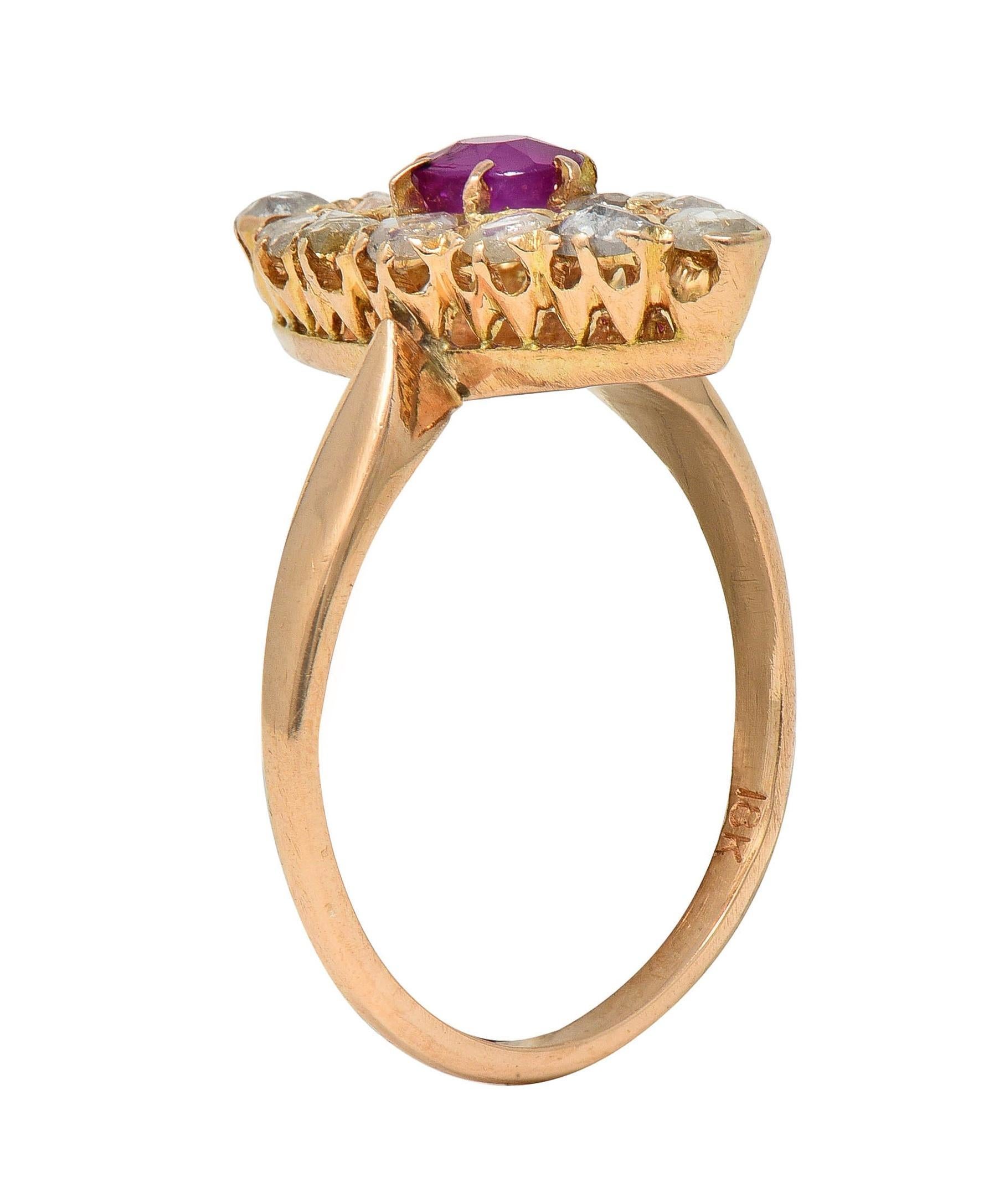 Victorian 1.20 CTW Ruby Diamond 18K Yellow Gold Antique Navette Cluster Ring 6