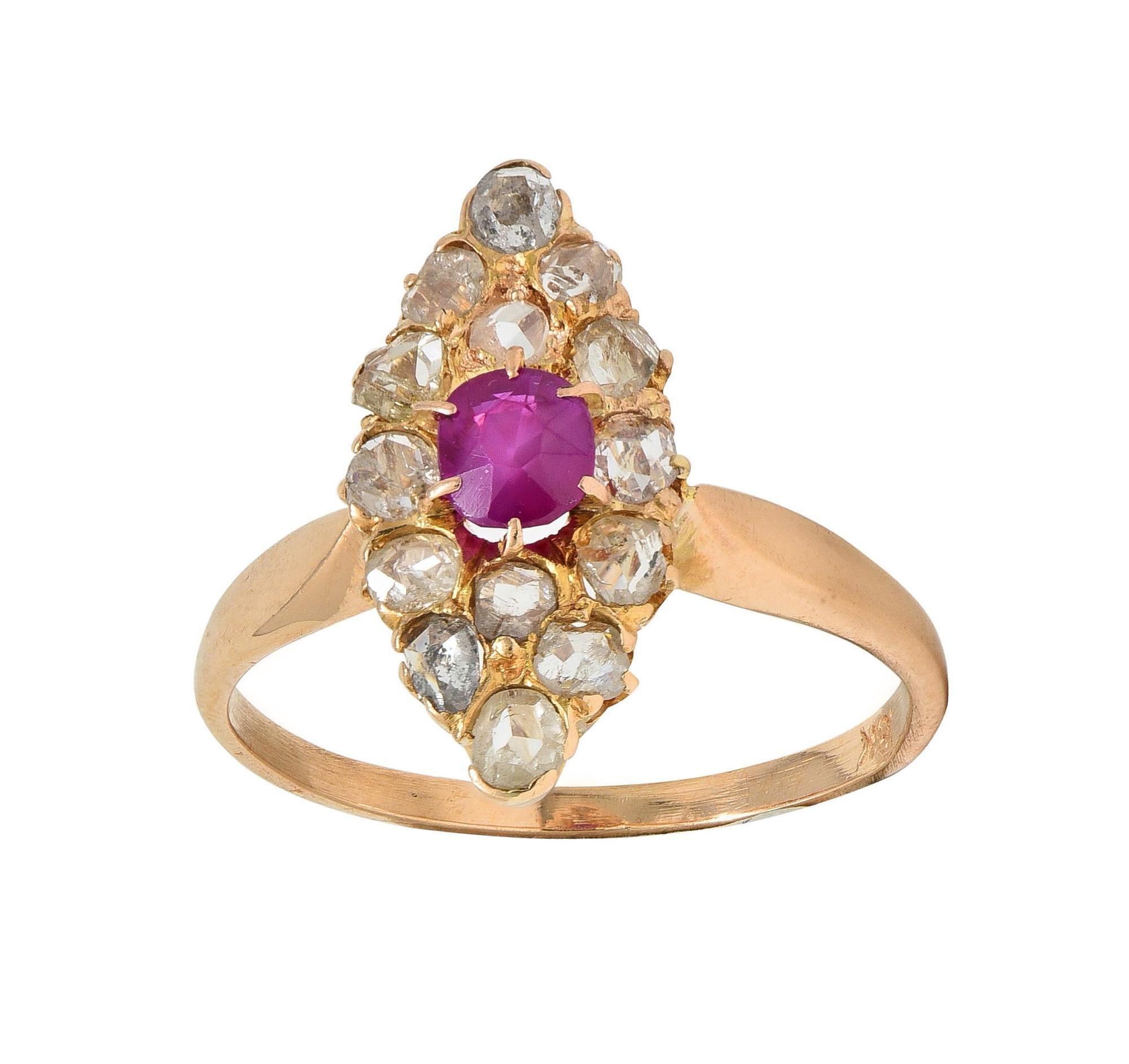 Victorian 1.20 CTW Ruby Diamond 18K Yellow Gold Antique Navette Cluster Ring 7