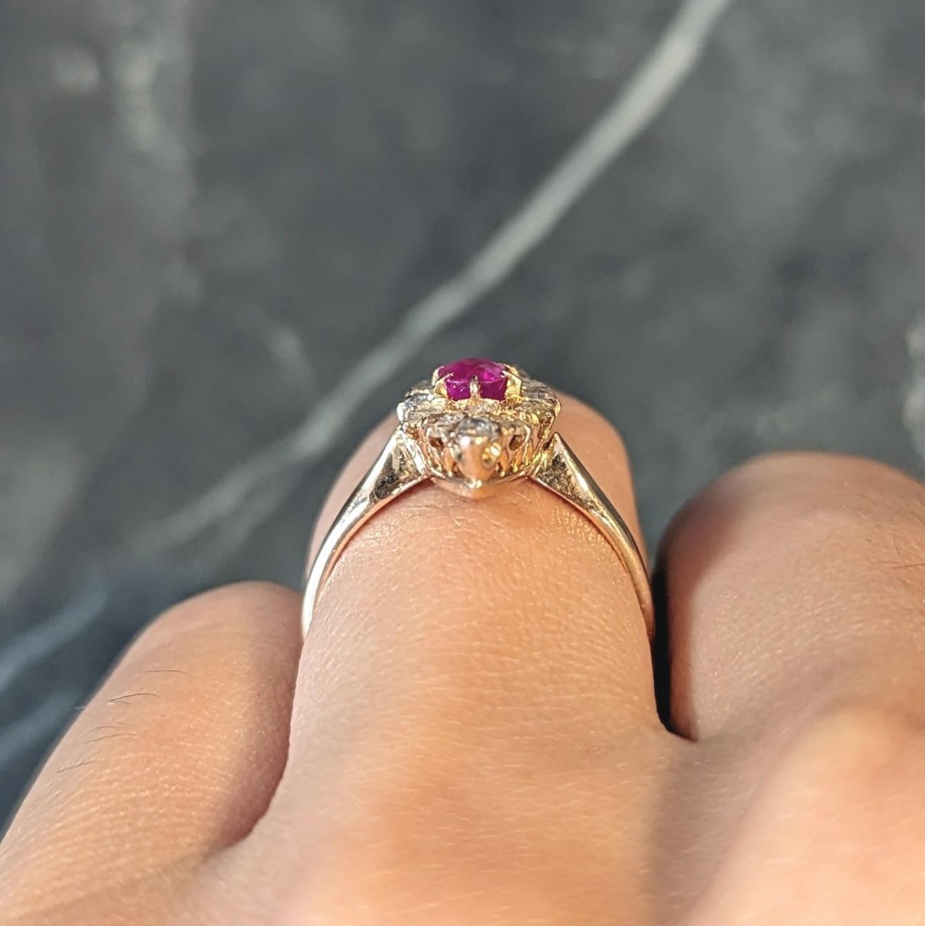 Victorian 1.20 CTW Ruby Diamond 18K Yellow Gold Antique Navette Cluster Ring 8