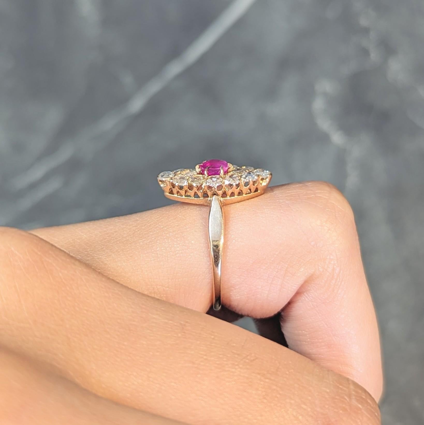 Victorian 1.20 CTW Ruby Diamond 18K Yellow Gold Antique Navette Cluster Ring 9