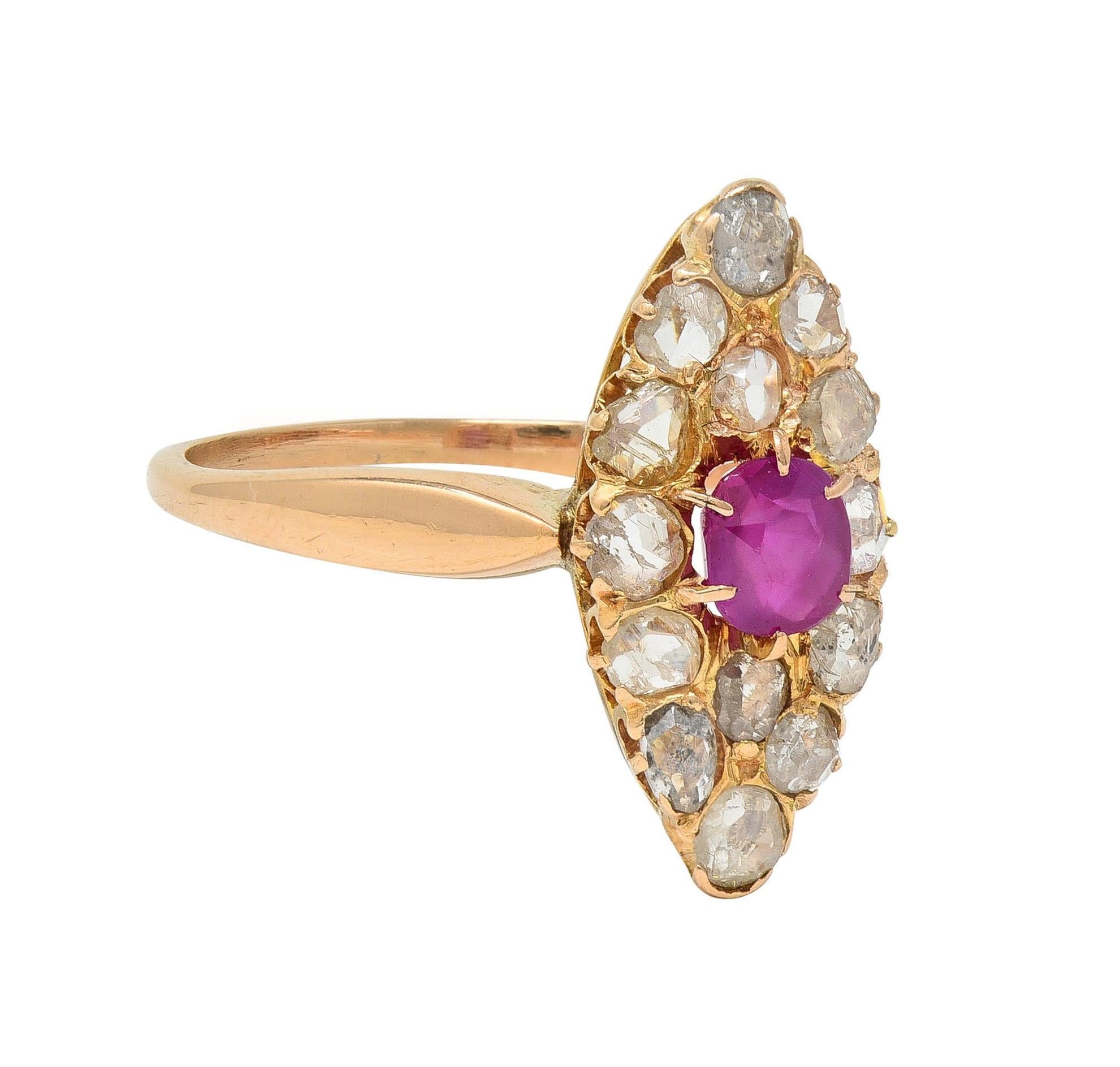 Centering a cushion cut ruby weighing approximately 0.40 carat - transparent medium purplish red
Prong set with a navette-shaped surround prong set with rose cut diamonds
Clustered and weighing approximately 0.80 carat total 
H/I color with SI1 to