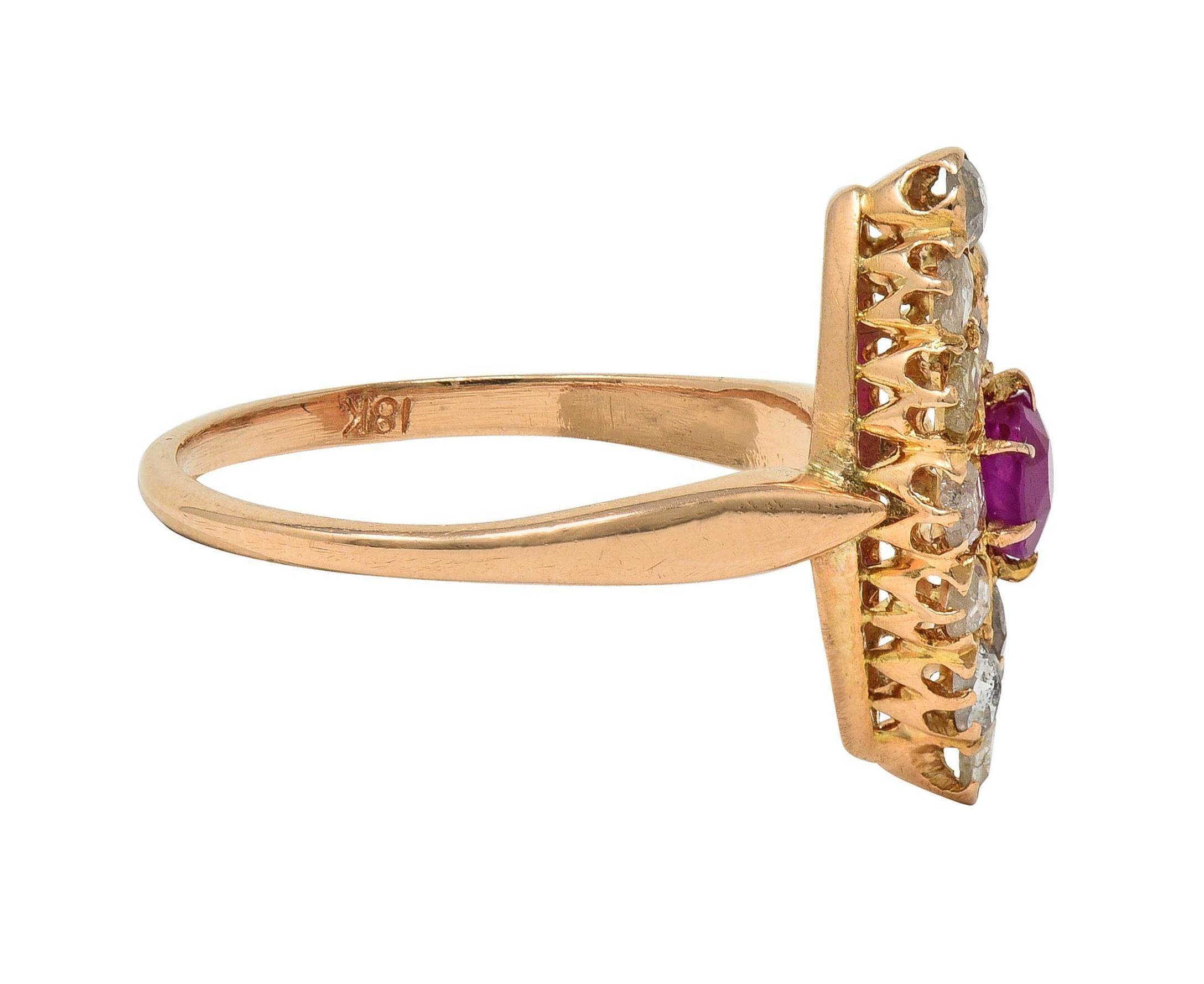 Victorian 1.20 CTW Ruby Diamond 18K Yellow Gold Antique Navette Cluster Ring In Excellent Condition In Philadelphia, PA
