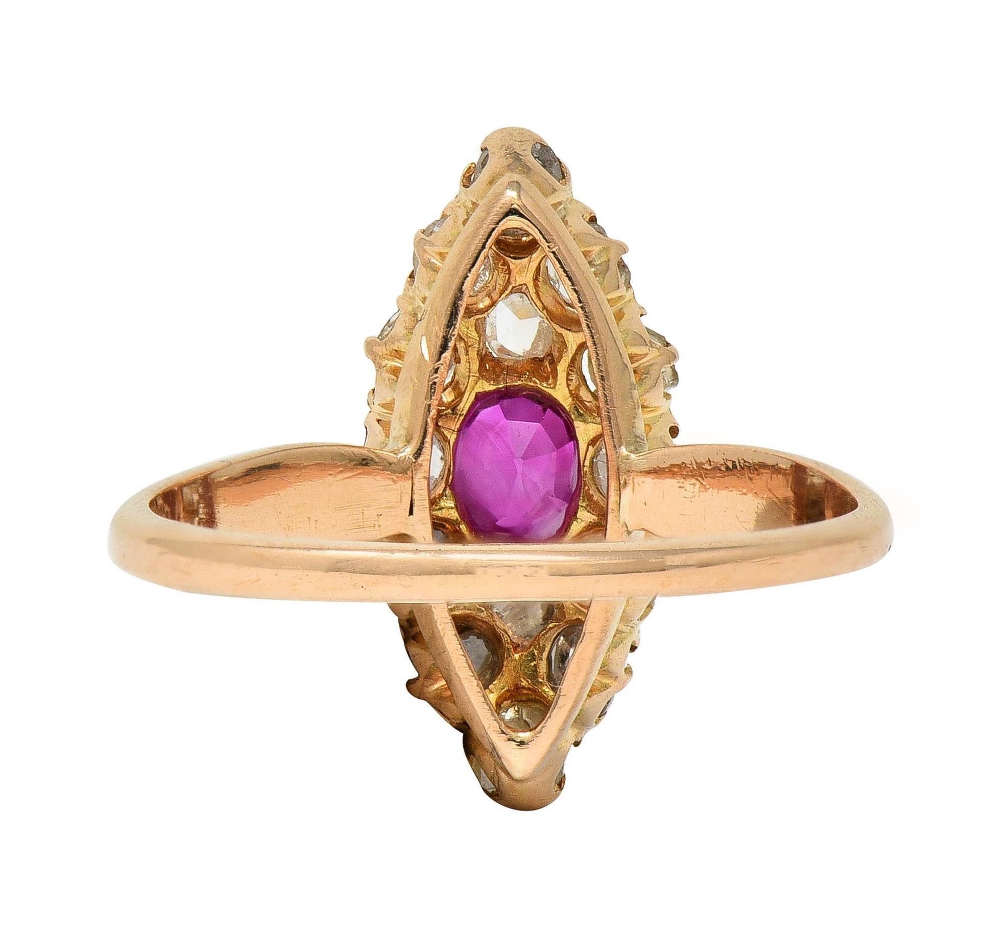 Women's or Men's Victorian 1.20 CTW Ruby Diamond 18K Yellow Gold Antique Navette Cluster Ring