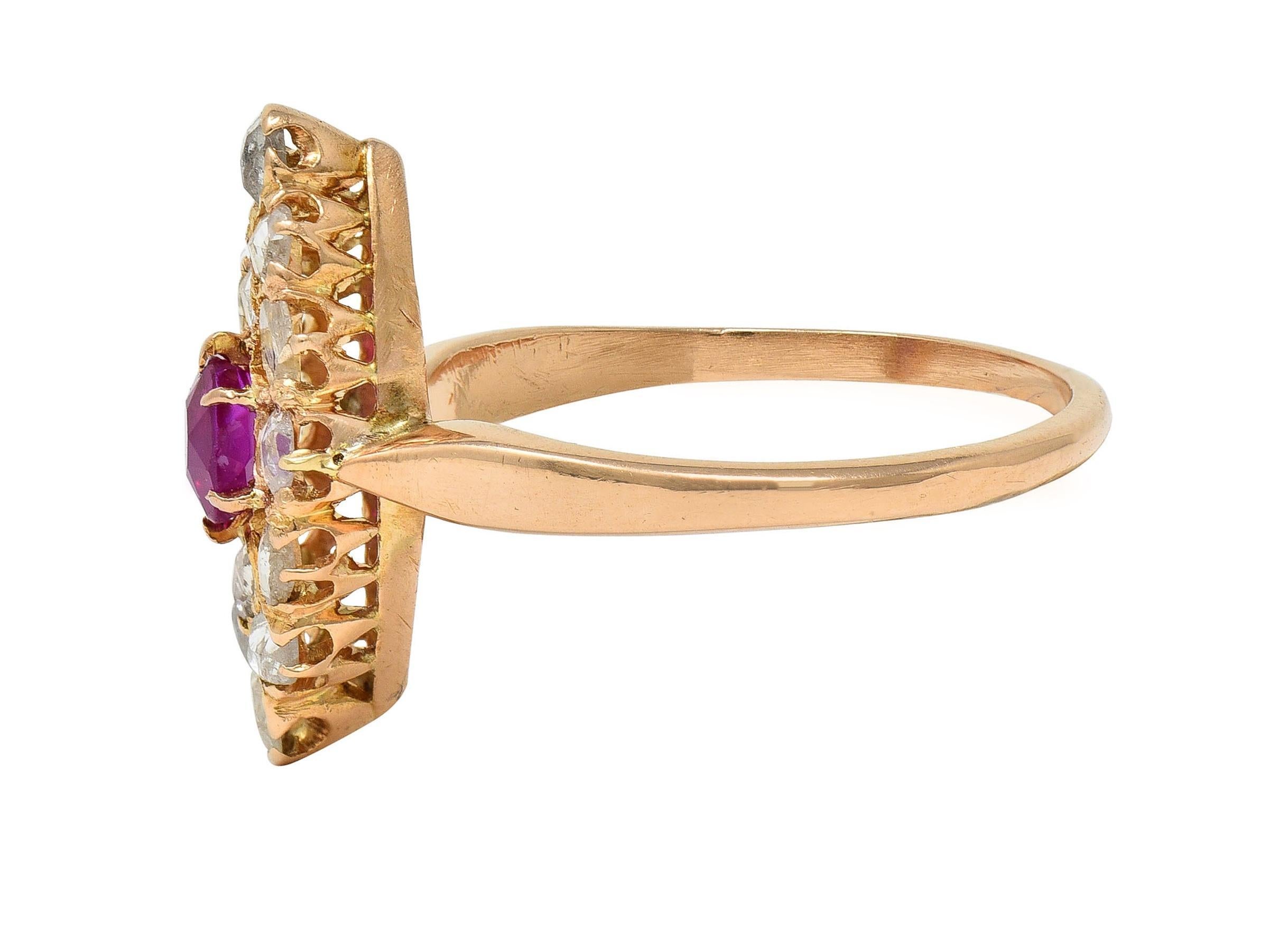 Victorian 1.20 CTW Ruby Diamond 18K Yellow Gold Antique Navette Cluster Ring 1