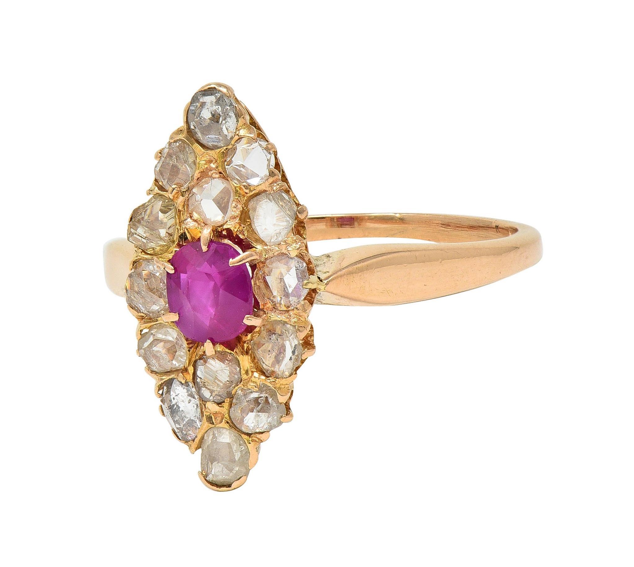 Victorian 1.20 CTW Ruby Diamond 18K Yellow Gold Antique Navette Cluster Ring 2
