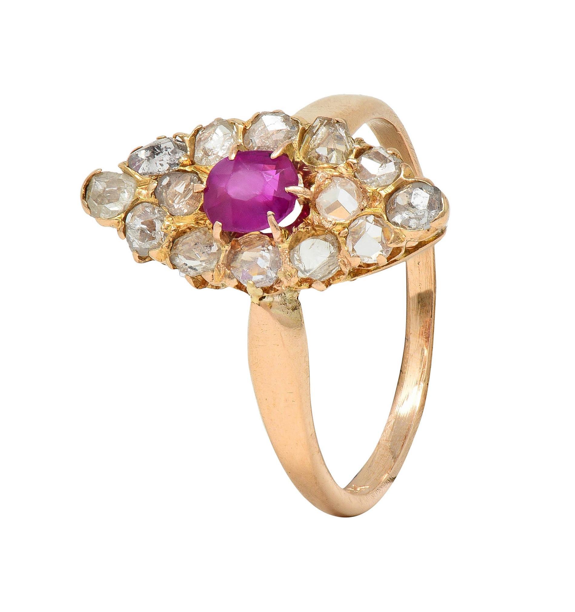 Victorian 1.20 CTW Ruby Diamond 18K Yellow Gold Antique Navette Cluster Ring 4