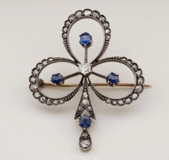 Victorian 1.20 Diamond 1.20 Natural Sapphire Clover Brooch Pendant Necklace