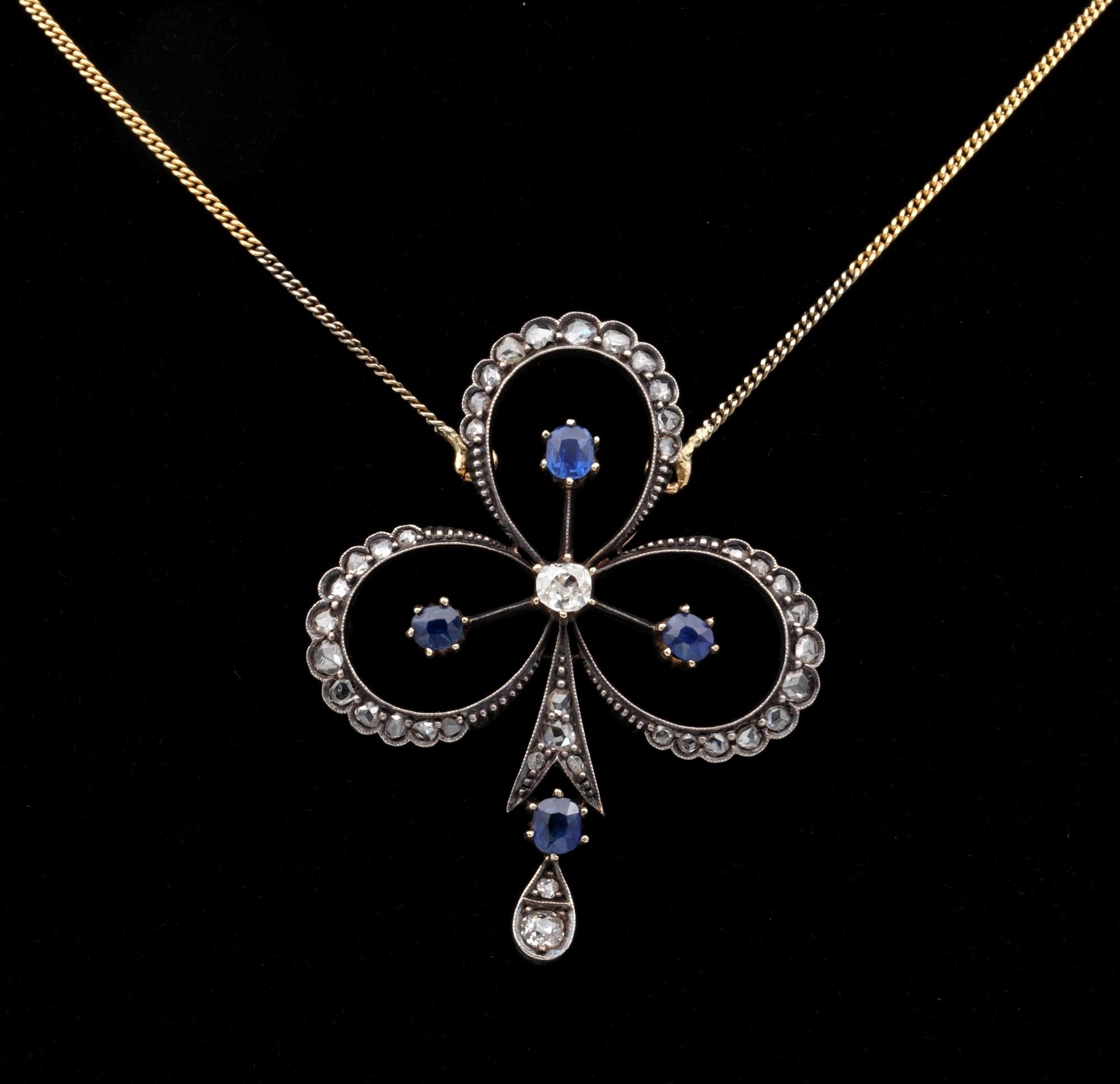Oval Cut Victorian 1.20 Diamond 1.20 Natural Sapphire Clover Brooch Pendant Necklace For Sale