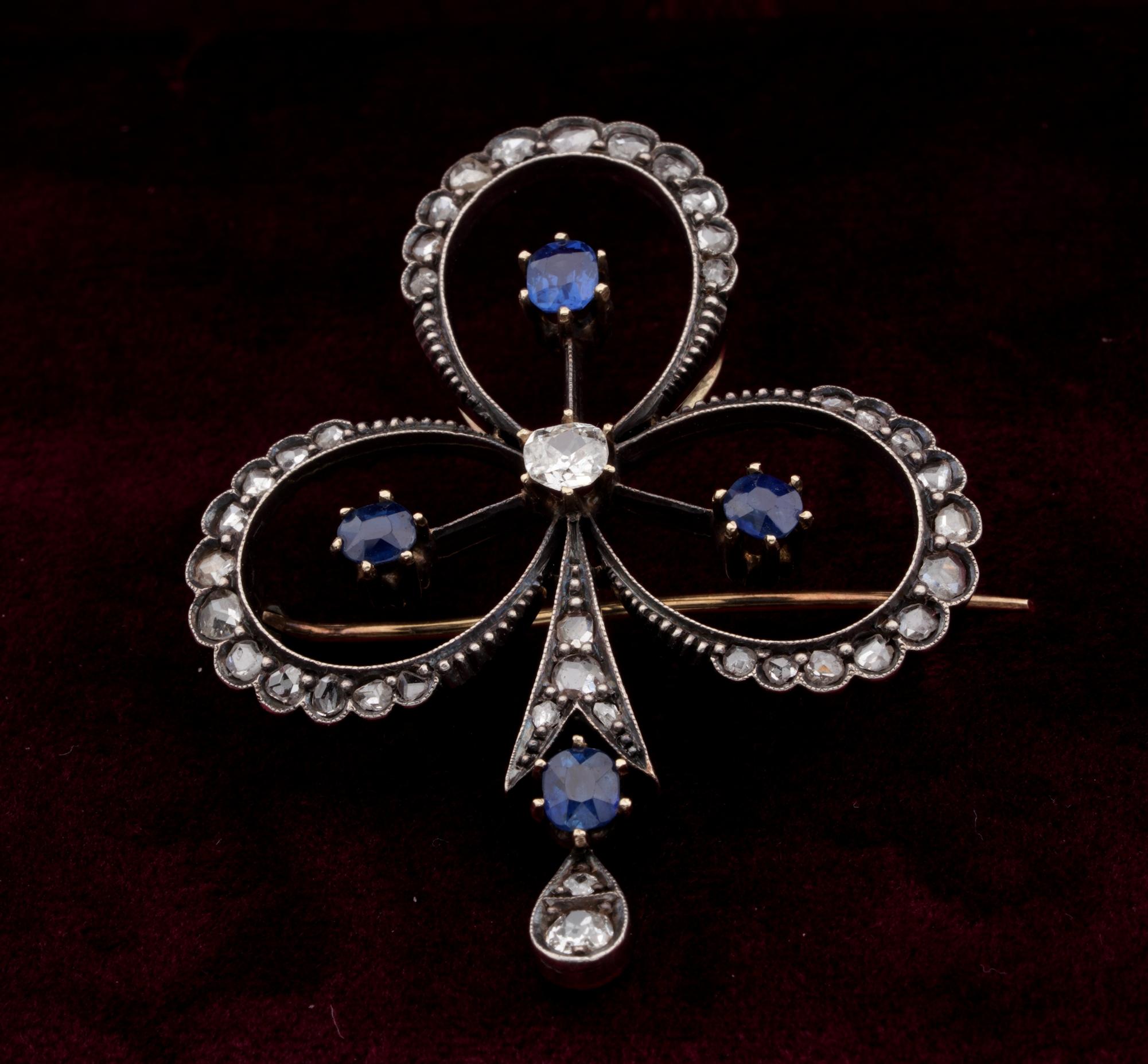 Victorian 1.20 Diamond 1.20 Natural Sapphire Clover Brooch Pendant Necklace In Good Condition For Sale In Napoli, IT