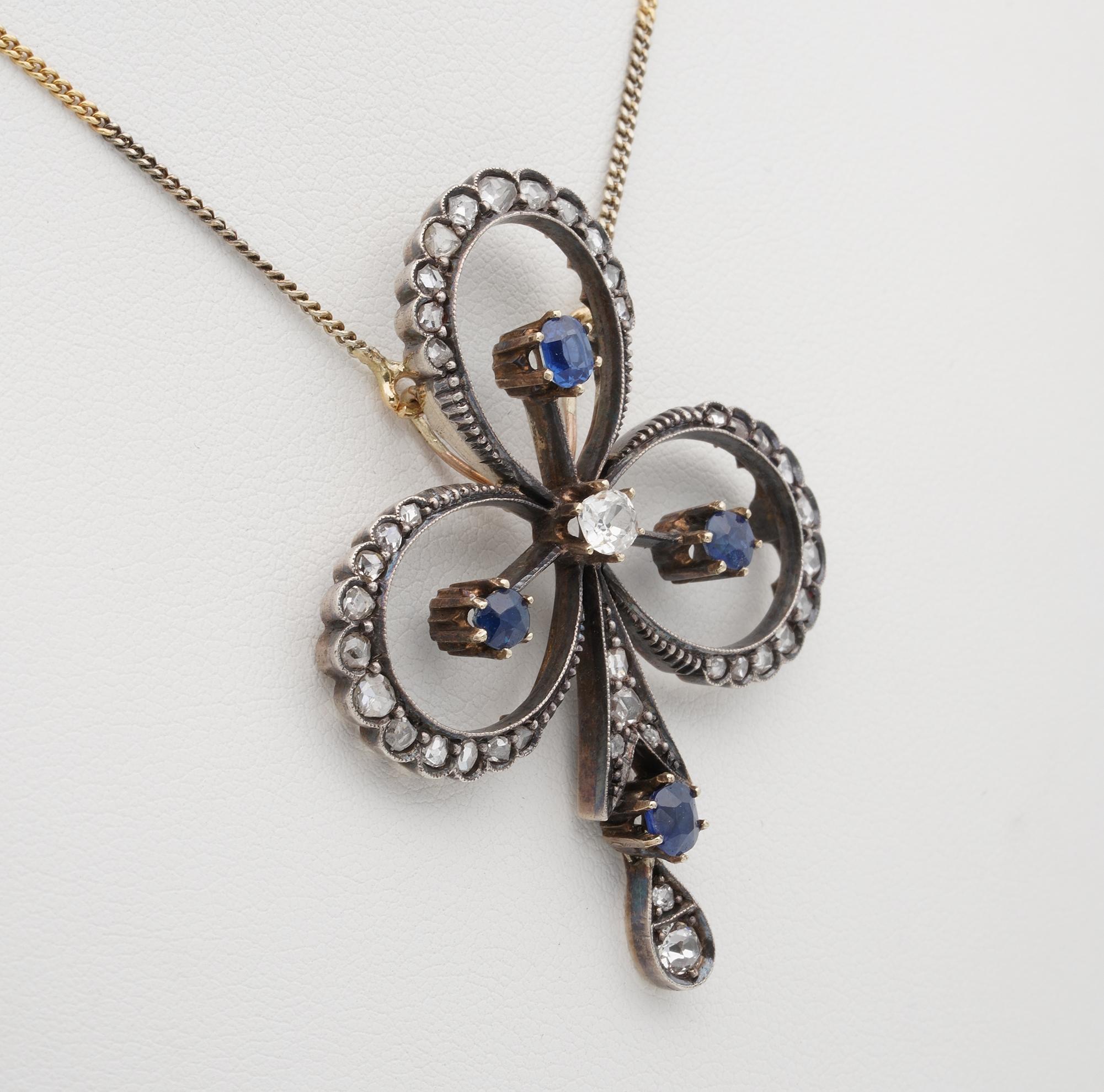 Women's or Men's Victorian 1.20 Diamond 1.20 Natural Sapphire Clover Brooch Pendant Necklace For Sale