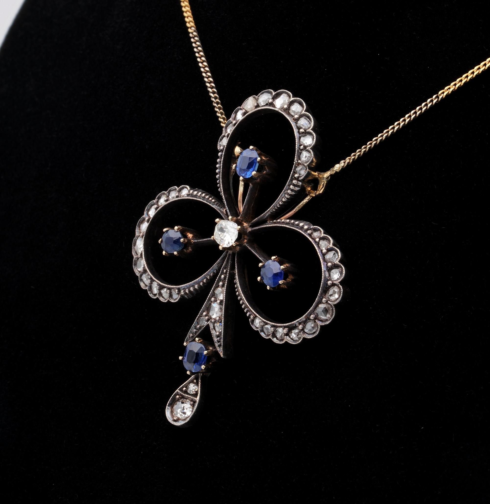 Victorian 1.20 Diamond 1.20 Natural Sapphire Clover Brooch Pendant Necklace For Sale 2