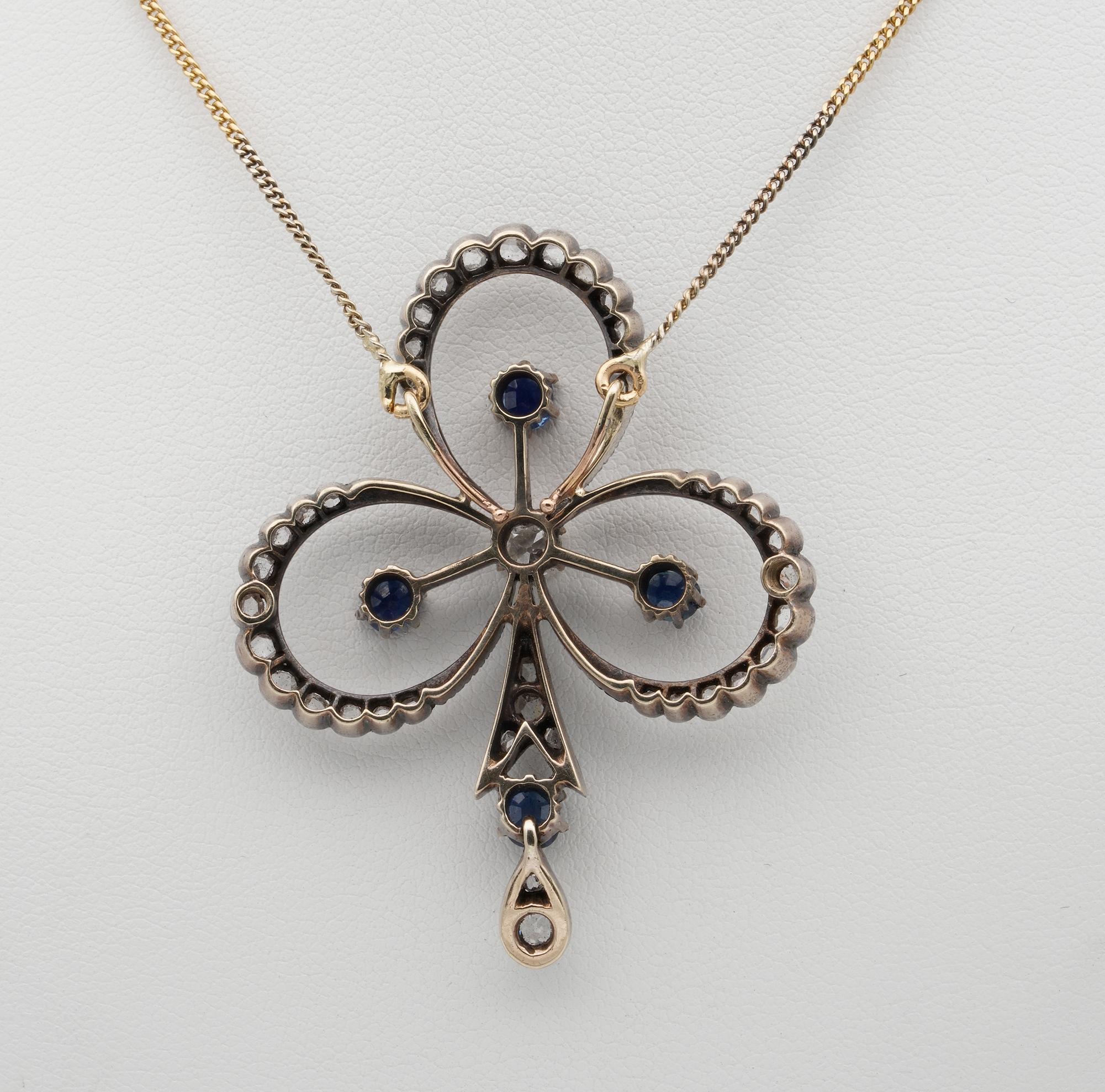 Victorian 1.20 Diamond 1.20 Natural Sapphire Clover Brooch Pendant Necklace For Sale 4