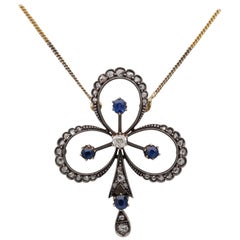 Antique Victorian 1.20 Diamond 1.20 Natural Sapphire Clover Brooch Pendant Necklace