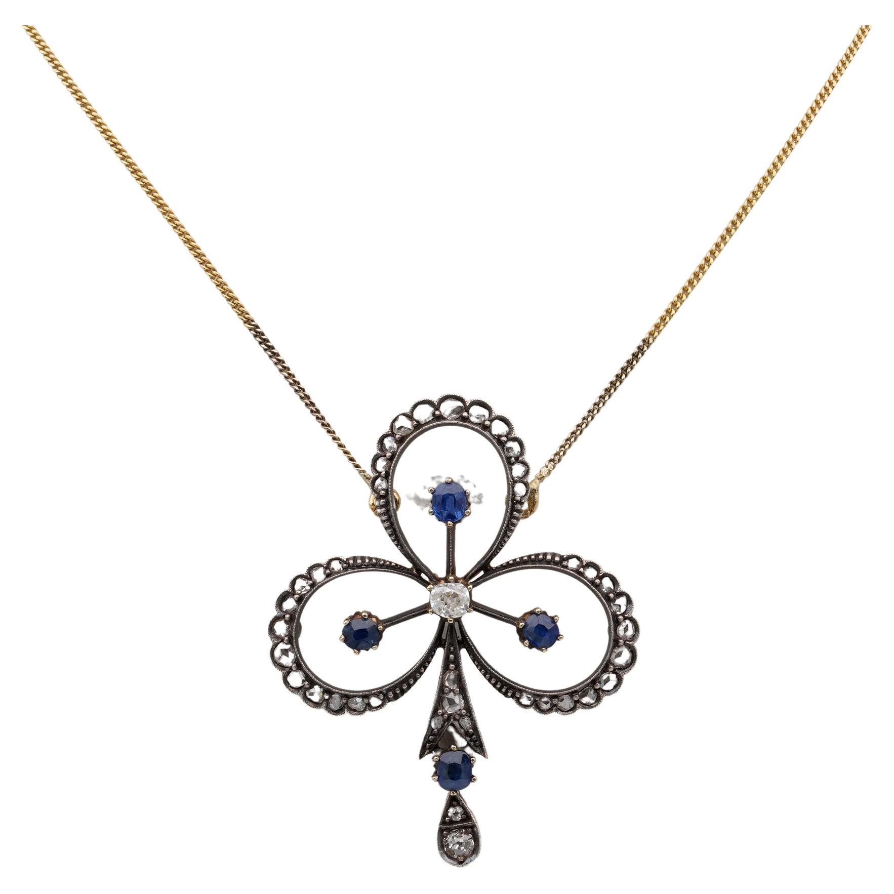 Victorian 1.20 Diamond 1.20 Natural Sapphire Clover Brooch Pendant Necklace For Sale