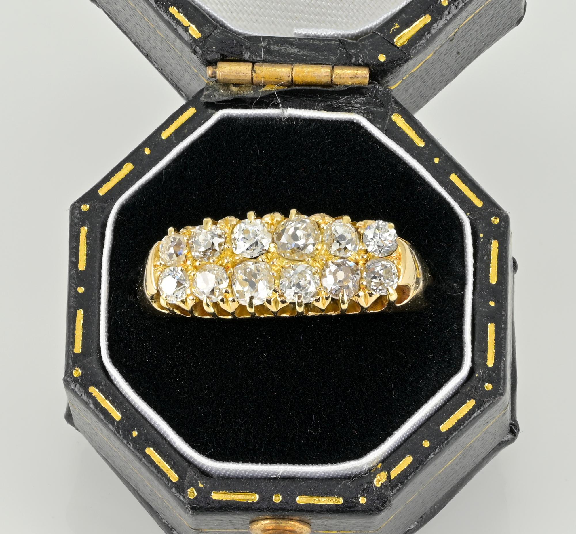 Classy Victorian double Diamond row ring, 1890 ca
Hand crafted of solid 18 KT gold, marked
Set with a double row of graduated Diamonds, comprising 12 old mine cut Diamonds for approx 1.20 CT, Diamond rating is G/H VVS/VS – fine quality in terms of