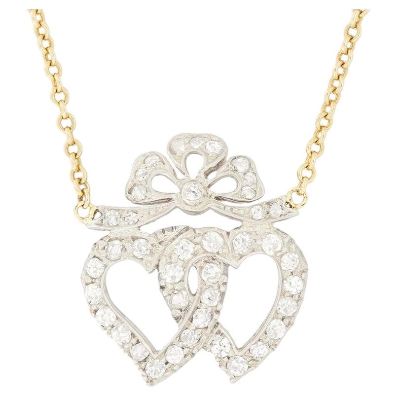 Victorian 1.20ct Diamond Double Heart Necklace, c.1880s For Sale