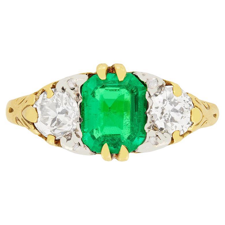 Victorian 1.20ct Emerald and Diamond Trilogy Ring, c.1880s For Sale