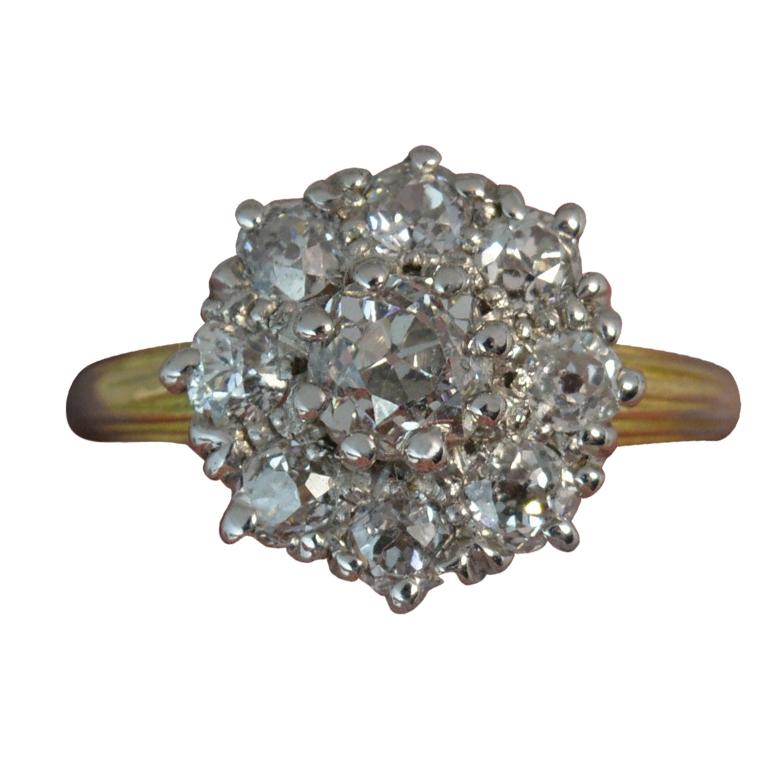 Victorian 1.20 Carat Old Cut Diamond 18 Carat Gold and Platinum Cluster Ring