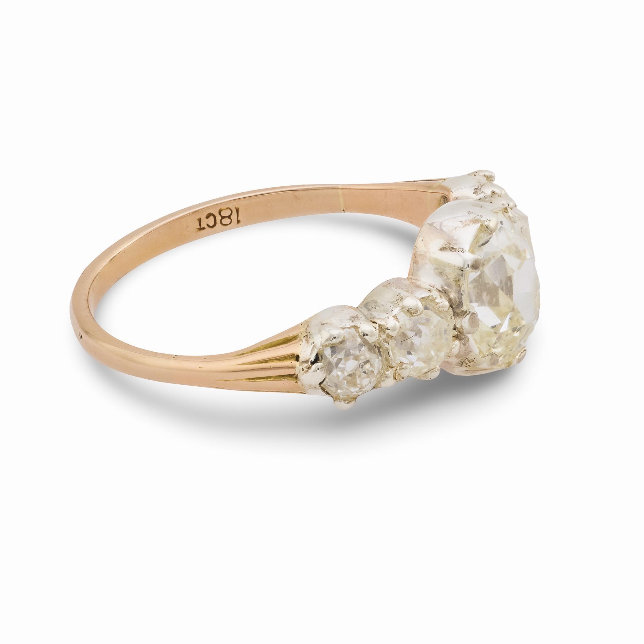 Bague de fiançailles victorienne de 1,21 carat de diamant en or rose 18k et argent à 5 pierres Bon état - En vente à Beverly Hills, CA
