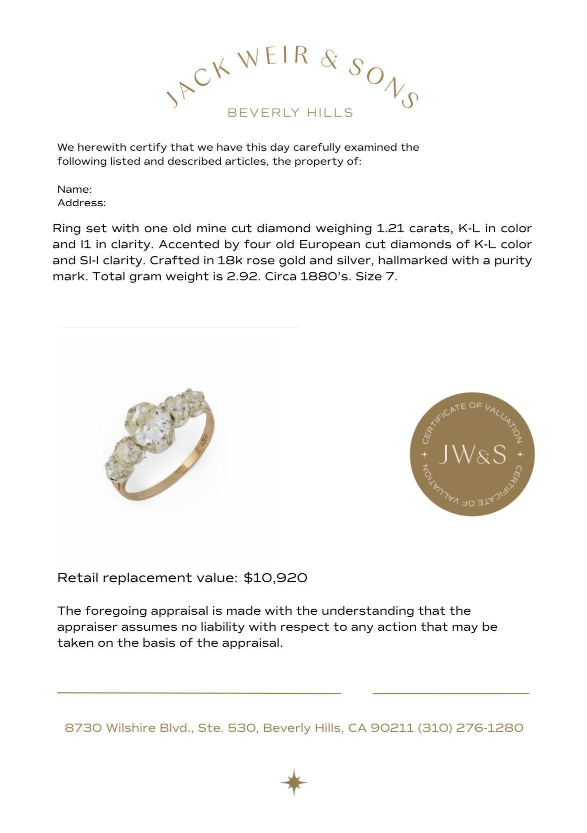 Bague de fiançailles victorienne de 1,21 carat de diamant en or rose 18k et argent à 5 pierres en vente 2