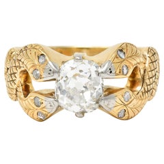 Victorian 1.22 Carat Diamond Platinum 14 Karat Yellow Gold Snake Engagement Ring