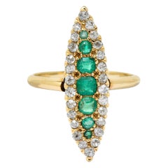 Antique Victorian 1.22 Carat Emerald Diamond 14 Karat Gold Navette Cluster Ring