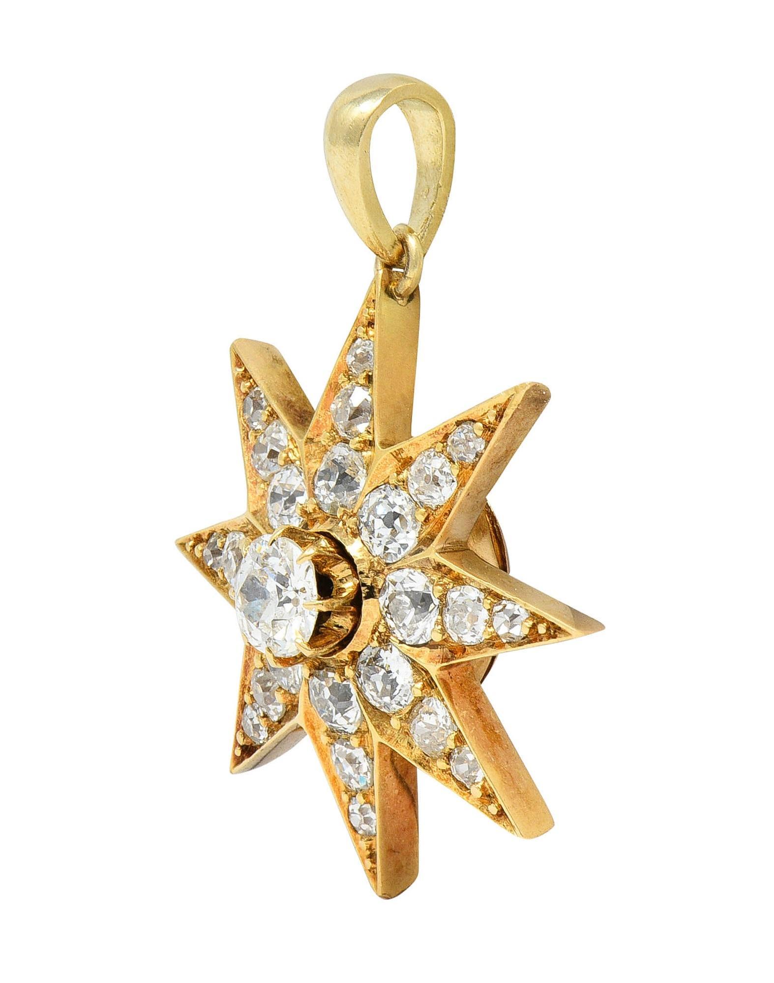 Designed as an eight-point gold starburst motif centering an old European cut diamond 
Prong set and weighing approximately 0.22 carat total - G color with SI1 clarity
With additional diamonds bead set in starburst motif
Weighing approximately 1.00