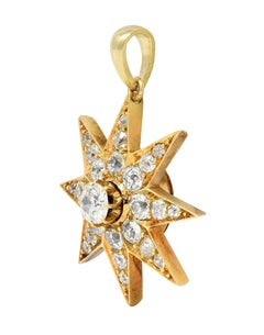 Pendentif de deuil victorien ancien étoile de cheveux étoilé en or 18 carats avec diamants 1,22 carat poids total