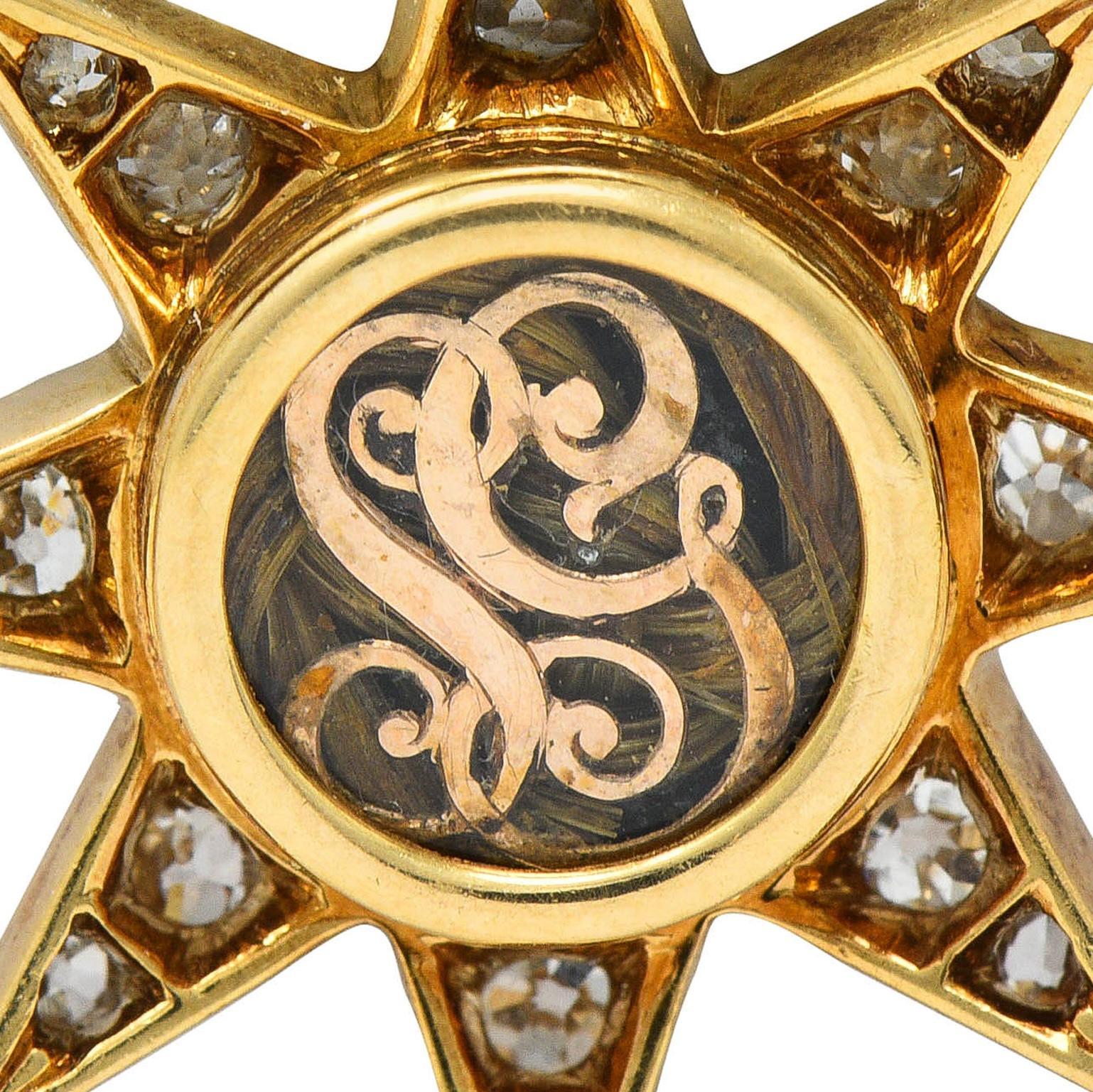 Taille mixte Pendentif de deuil victorien ancien étoile de cheveux étoilé en or 18 carats avec diamants 1,22 carat poids total en vente
