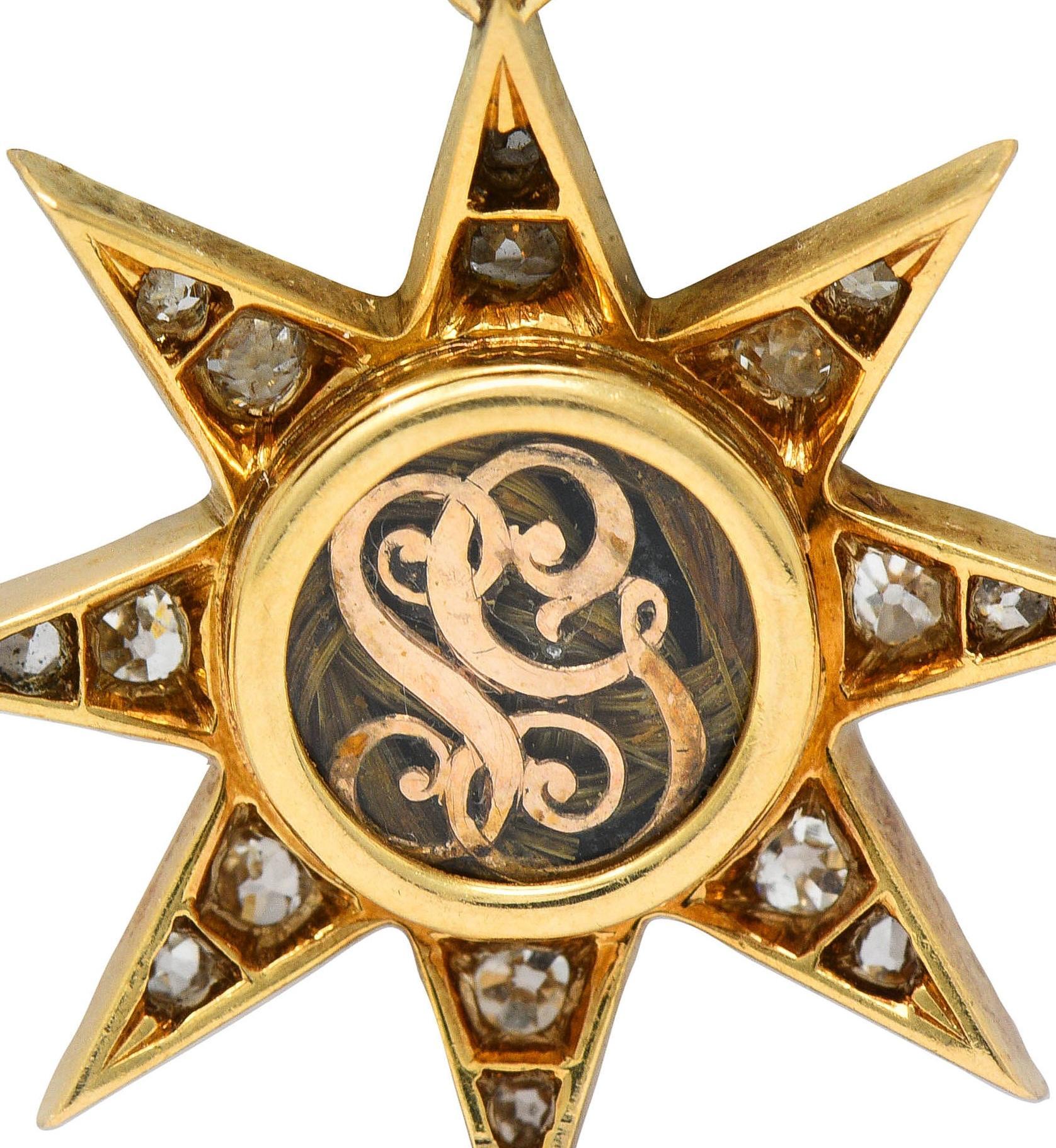 Pendentif de deuil victorien ancien étoile de cheveux étoilé en or 18 carats avec diamants 1,22 carat poids total en vente 2
