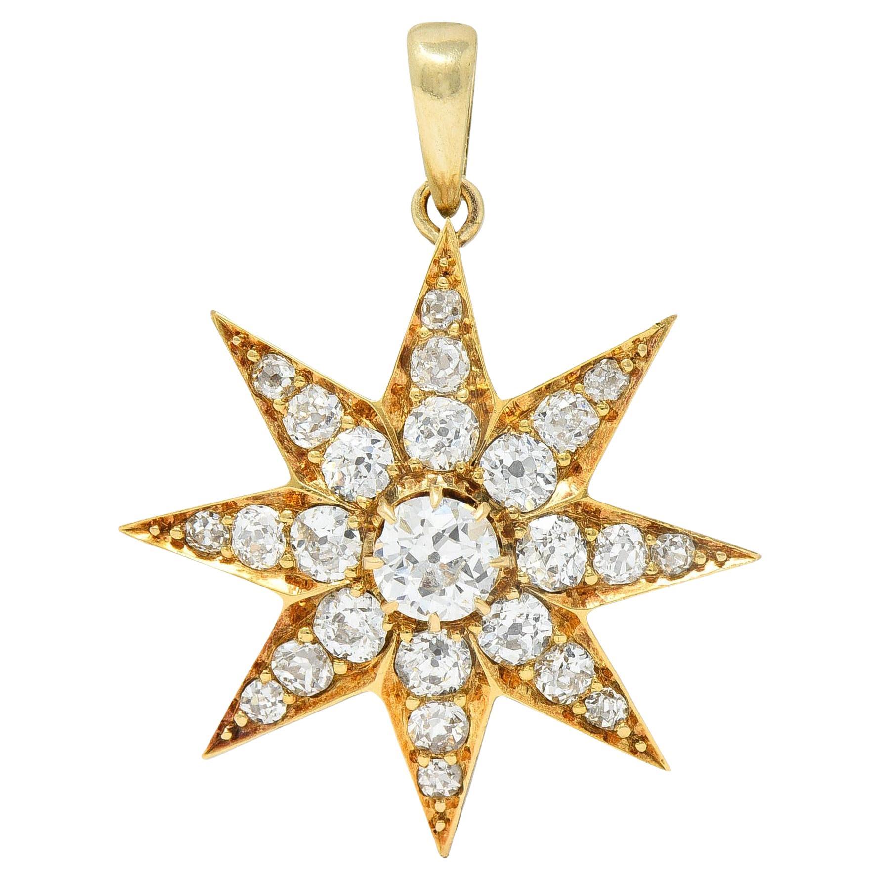 Pendentif de deuil victorien ancien étoile de cheveux étoilé en or 18 carats avec diamants 1,22 carat poids total en vente