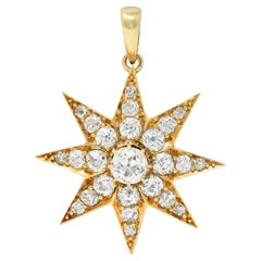 Pendentif de deuil victorien ancien étoile de cheveux étoilé en or 18 carats avec diamants 1,22 carat poids total