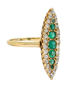 Victorian 1.22 Carat Emerald Diamond 14 Karat Gold Navette Cluster Ring